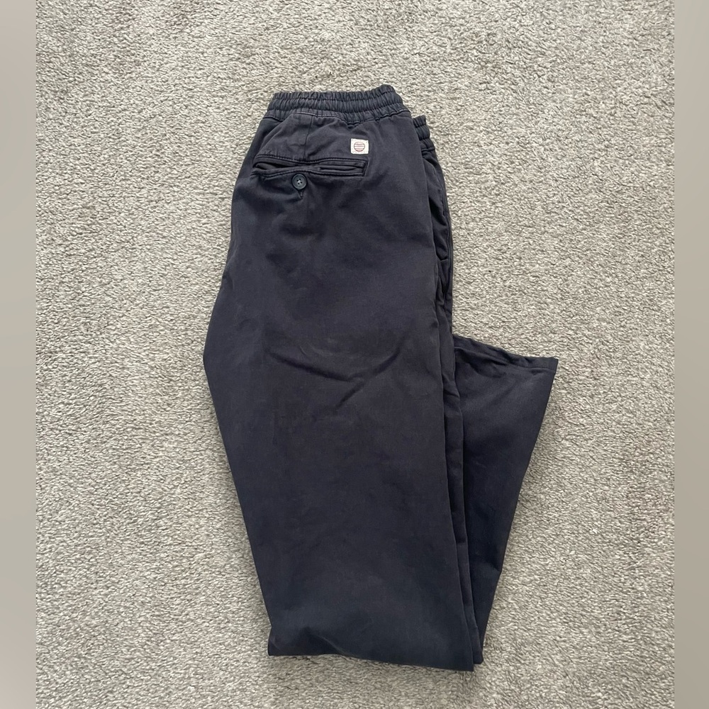 Marine Layer Slim Black Pants Elastic drawstring waist, tailored to 28” inseam